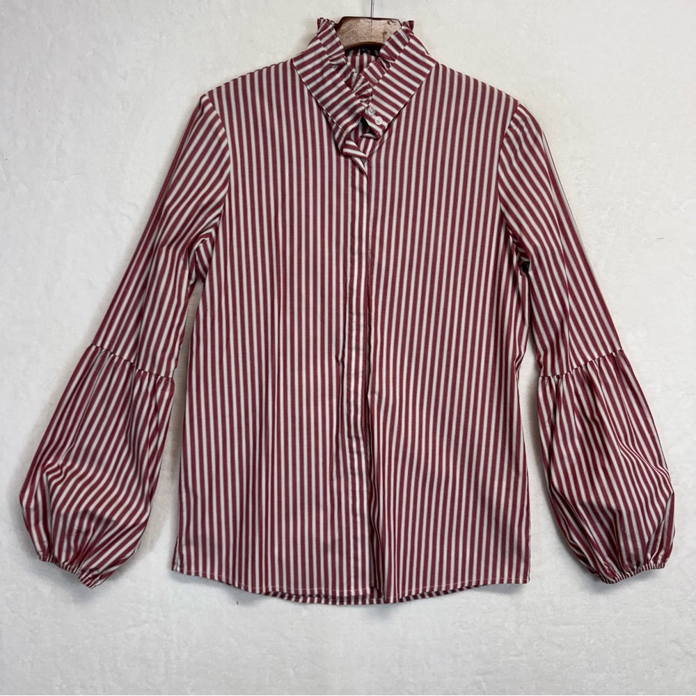 Tyler Boe Blouse XS Women Red White Long Sleeve Button-Down Shirt Pin Stripe